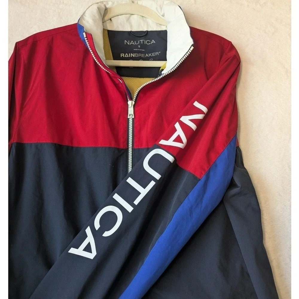 Nautica Men's Rain Jacket Small‎ Red Blue Colorblock Waterproof Windbreaker